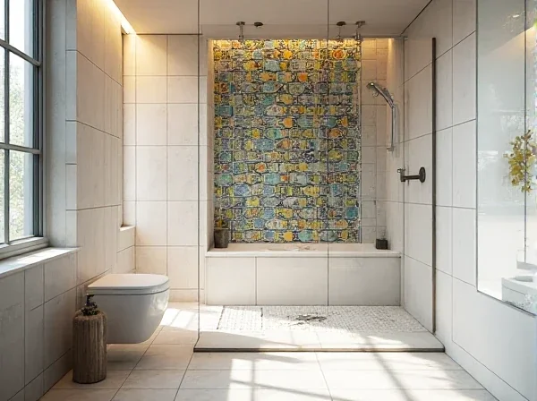 Naturstein-Fliesen in einem modernen Badezimmer mit hochwertigem Design.